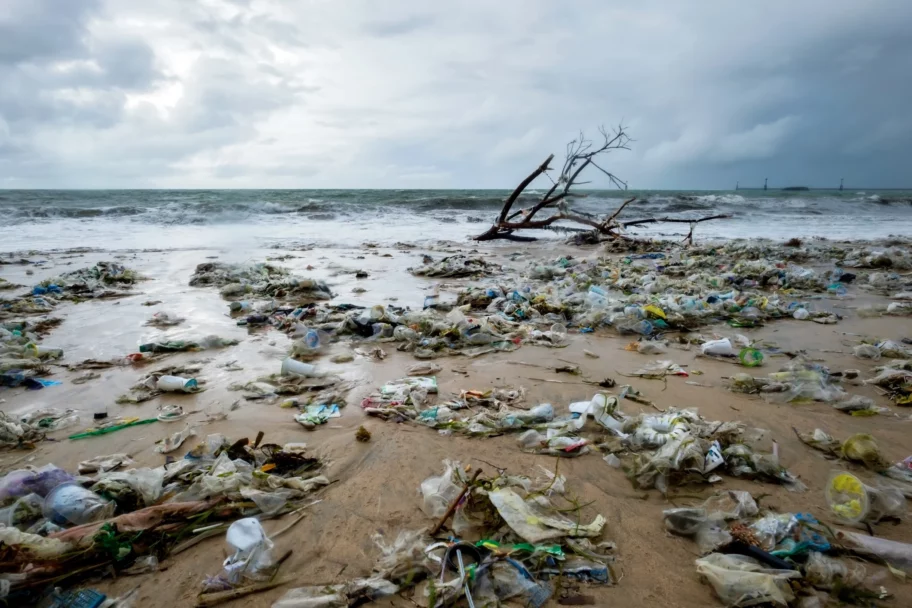 Plastic waste on the beach in Bali, Indonesia.