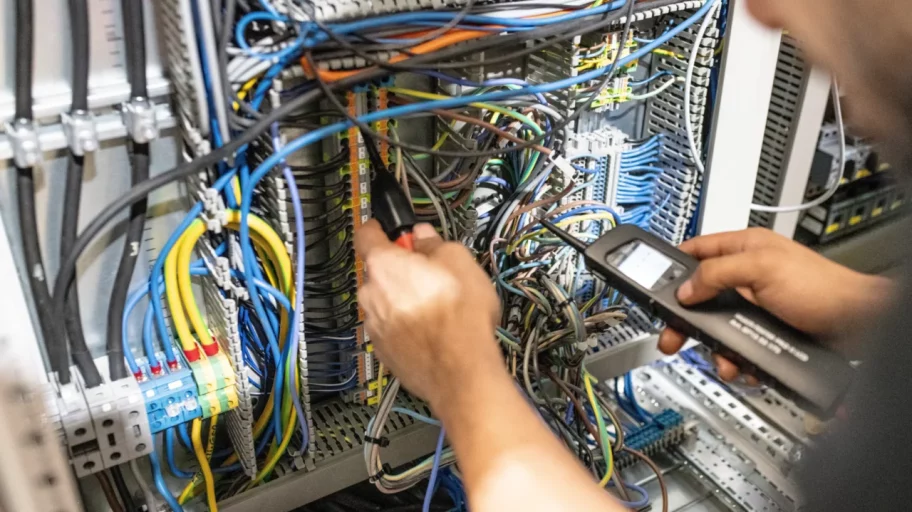 Electrical planner for systems engineering at work on the electrical control cabinet.