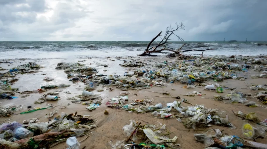 Plastic waste on the beach in Bali, Indonesia.