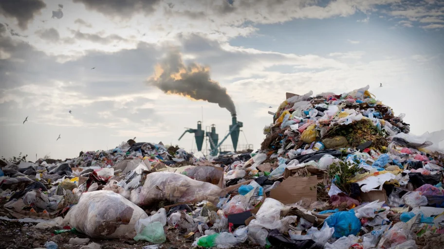 Eine Mülldeponie mit zerfetzten Abfallsätzen und Verpackungsresten aus Plastik. Im Hintergrund ist eine Verbrennungsanlage mit einem rauchenden Schornstein zu sehen. Darüber kreisen Vögel.