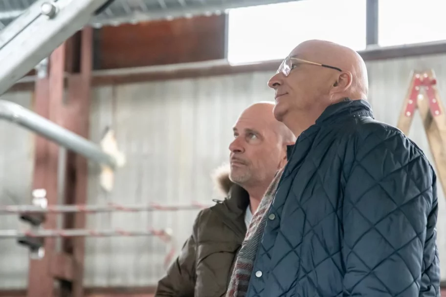 Cyrill Hugi (in the foreground), Chief Executive Officer, and Stefan Abele (in the background), marvel at the latest prototype for chemical recycling, the WasteX P5 system.